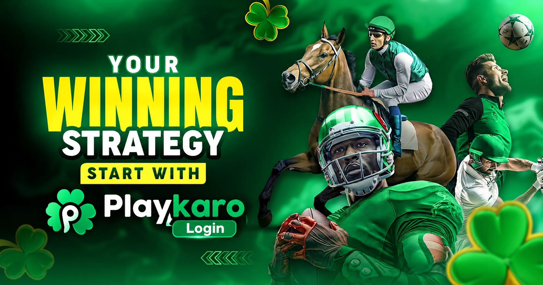 Playkaro login banner featuring horse racing, cricket, and football with a green sports-themed background.
