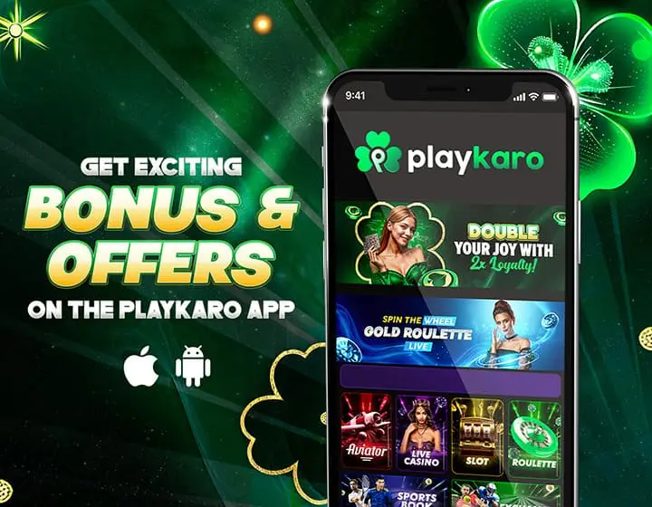 PlayKaro app bonus and offers promotional banner featuring the PlayKaro logo, mobile app, and casino games.